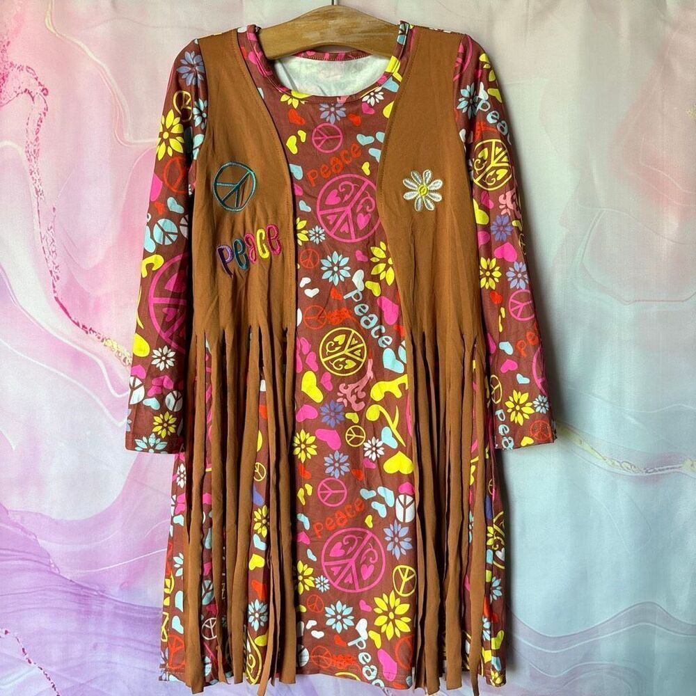 Girls L Hippie Free Spirit Peace Costume Dress & Accessories 60s 70s Psychedelic